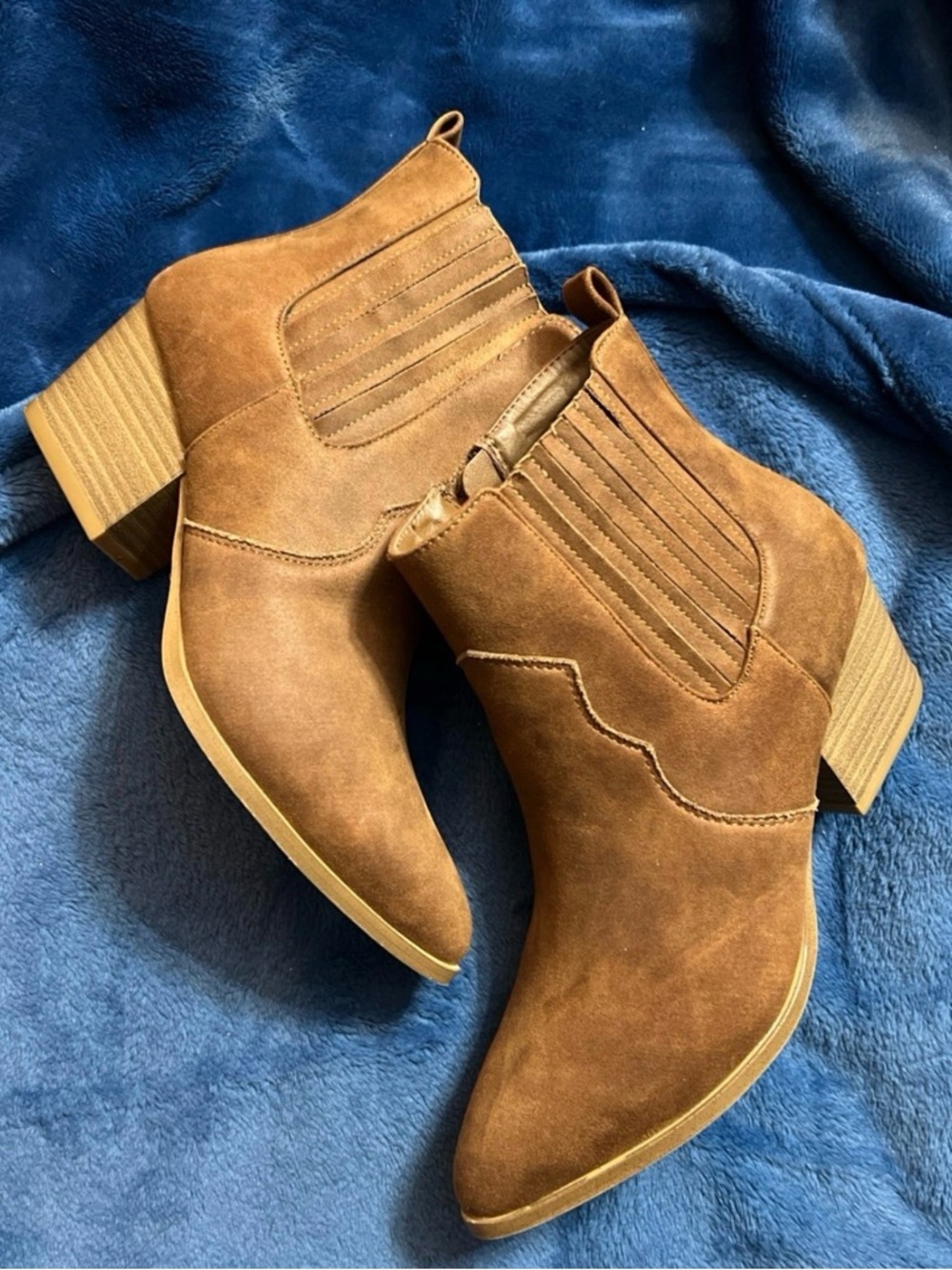 Time and Tru Chestnut Suede Western Block Heel Ankle Boots